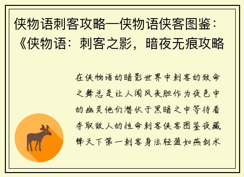 侠物语刺客攻略—侠物语侠客图鉴：《侠物语：刺客之影，暗夜无痕攻略大全》